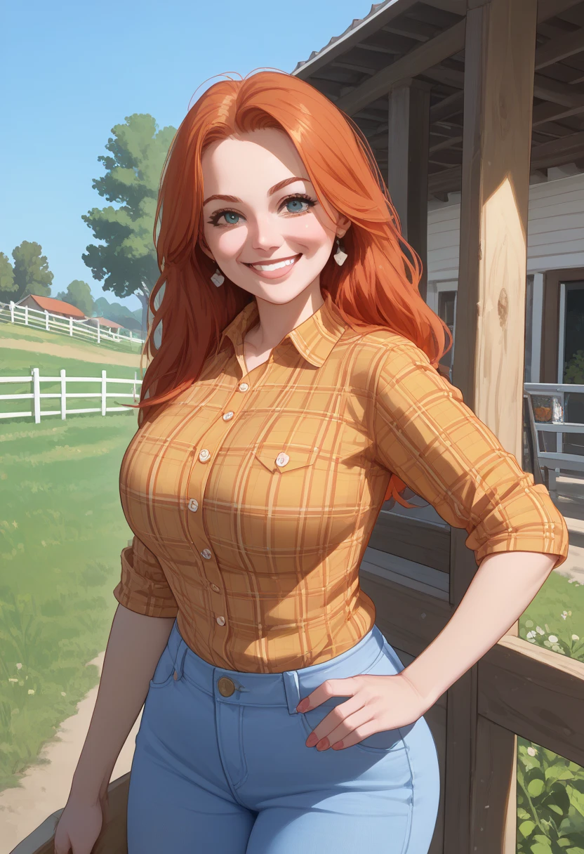  masterpiece , better quality ,super detailed, ultra detailed ,with extreme detail, style,  definitive details  , hyper detailed ,JENNALYNNMEOWRI  ,Redhead woman, ,happy smile,shy,farmer clothes, plaid shirt ,Cowboy,jeans, is placed exactly in front of the viewer, in the anime4  