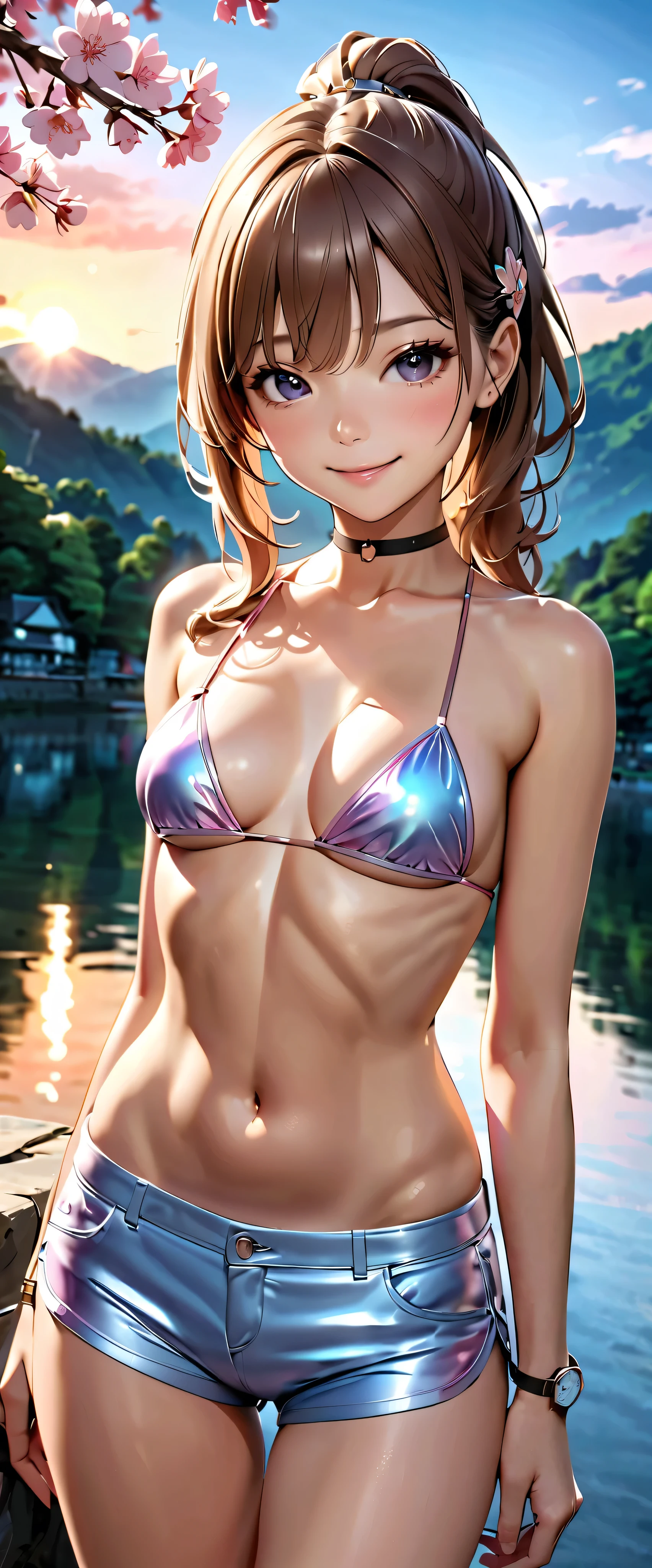 masterpiece, best quality, highly detailed, high resolution, expensive resolution, high resolution, 4k, 8k, Unity 8k wallpaper, highly detailed CG, masterpiece, 2d, 3d, beautiful details, depth, fine texture, best quality: 1.3, fully focused, crispy skin, him, very cute anime girl, bikini, Heavy rain, squall,big boobs, expensive pink medium long hair, heavy rain, squall, soaking wet hair, soaking wet only daughter, palm trees, seaside, mole under eye, looking at the viewer, expensive, blush, mole, open lips, heart, pink eyes, choker