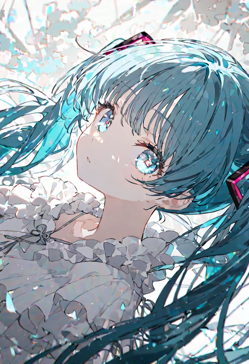 best quality, beautiful, absurdres, woman, HatsuneMiku-Vocaloid, neutral, sitting on the floor, looking at viewer, long twin tail hair, white sky blue hair, with sparkling eyes, white eyes, eyes open, pale skin, tall, dress, teenager, white background, beautiful, soft lines, upper body, from side, overhead shot, with angel wings on back,Close,transparency illustration, Calm colors