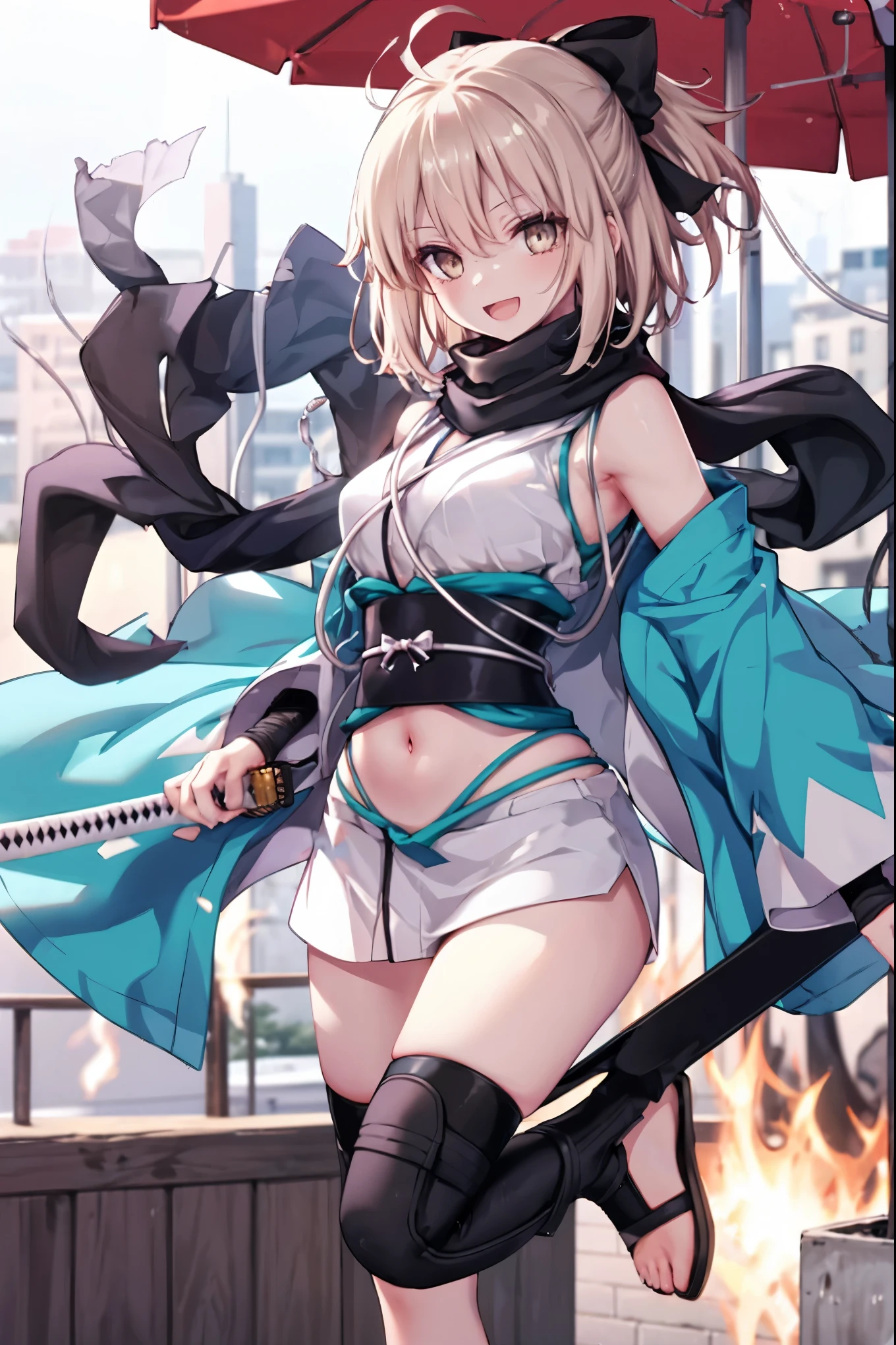 meticulous details, good composition, , cute face, perfect face, perfect hands, 1girl,okita souji \(FGO\), okita souji \(fate\), pale_pink_ponytail,black_bow,sleeveless_white_short_kimono,
 smile,happy,gold_half_eyes, thigh-highs, straw_sandals,medium_breasts, midriff , fighting_pose ,town_background,black_long_scarf,knees, bragging_face, black_cloth_gauntlet,apart_legs,open_mouth,open_legs,rise_arms, bare_elbows