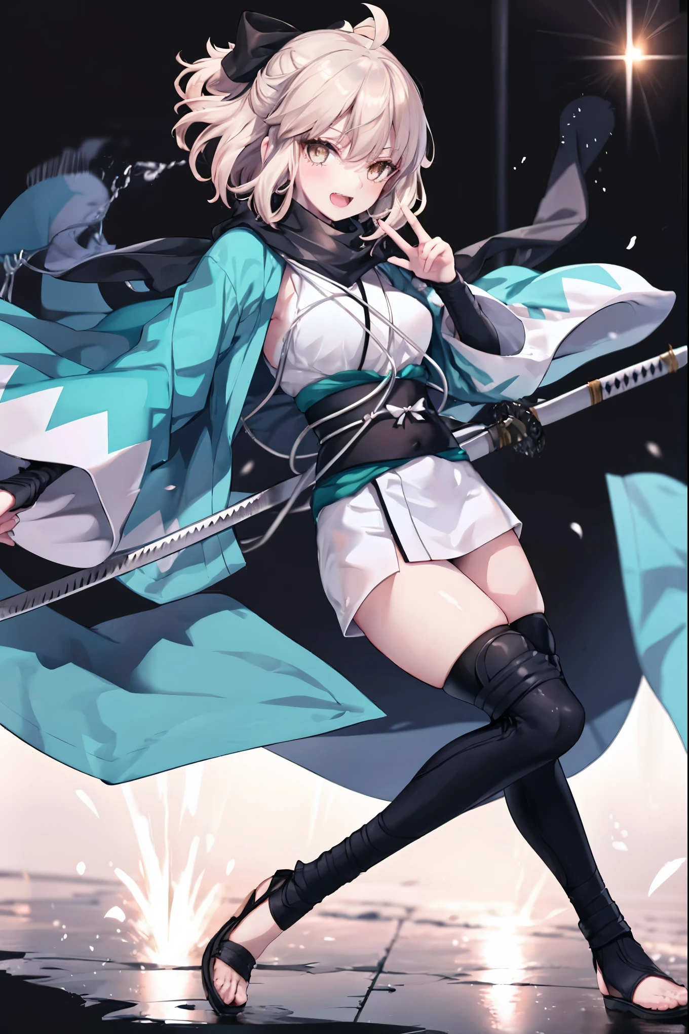 meticulous details, good composition, , cute face, perfect face, perfect hands, 1girl,okita souji \(FGO\), okita souji \(fate\), pale_pink_ponytail,black_bow,sleeveless_white_short_kimono,
 smile,happy,gold_half_eyes, thigh-highs, straw_sandals,medium_breasts, midriff , fighting_pose ,town_background,black_long_scarf,knees, bragging_face, black_cloth_gauntlet,apart_legs,open_mouth,open_legs,rise_arms, bare_elbows