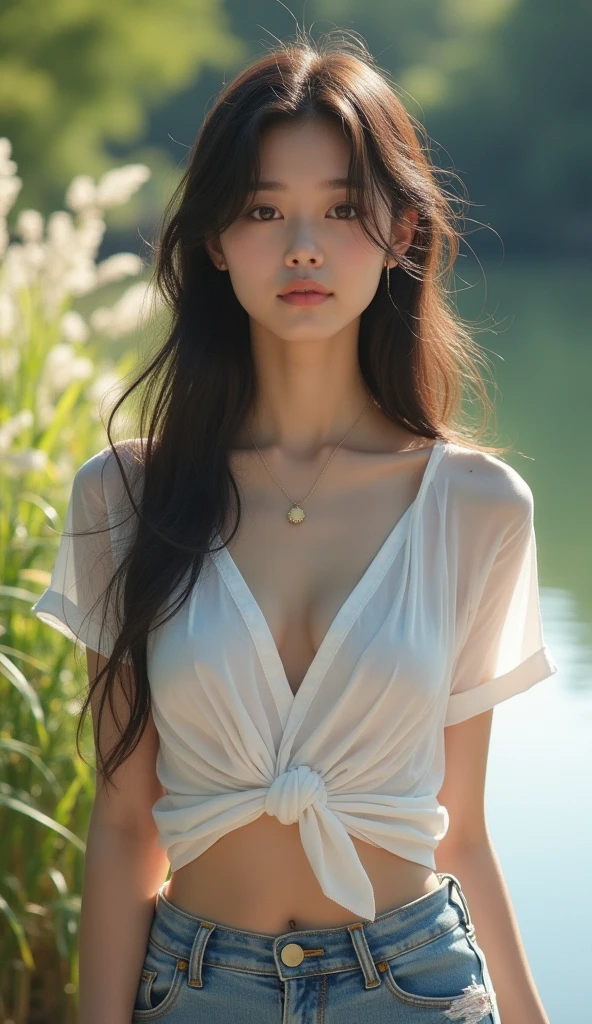 Fashion model  [[[[closeup cleavage]]]], [[[[boobgasm]]]], [[[[coll]]]], [[[[bshoulders]]]], perfect  eyes, Perfect iris，Perfect lips，perfect teeth，Perfect skin，Long face，slender nose，Soft front light，hdr，Movie girl，long whitr hair，Long hair with a shawl，The background is grass and flowers，（pastel colour：1.2）