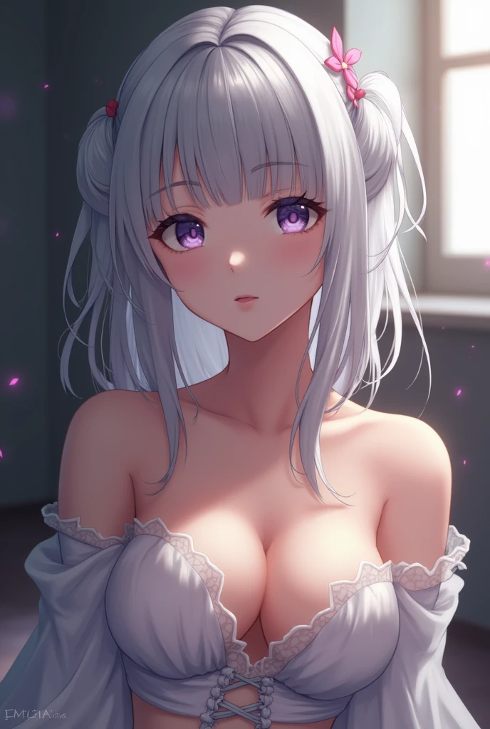 The lazy girl is lying down on the bed her long white hair flowing over her shoulders as she looks up at the camera with a slight blush on her face. Her cat ears have been hidden in her hair but are visible when she moves her head. She is wearing a tight white bra, tight white panties, and tight white socks. Her medium breasts are barely contained by the bra as she lays on her back. The light from outside shines in through the window and highlights her curves as she is inside a house next to a bed with pink sheets. High resolution, best quality, anime, anime girl