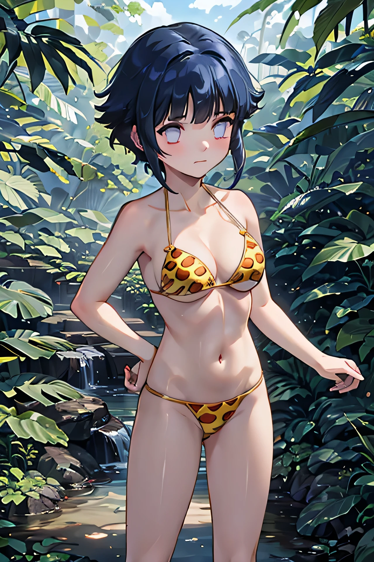 1  girl,  short hair ,  dark blue hair,  messy hair ,  white-eyed without pupils, tono standingl palida, atuendo bikini standingl de gepardos, standing,  in the middle of the jungle 
