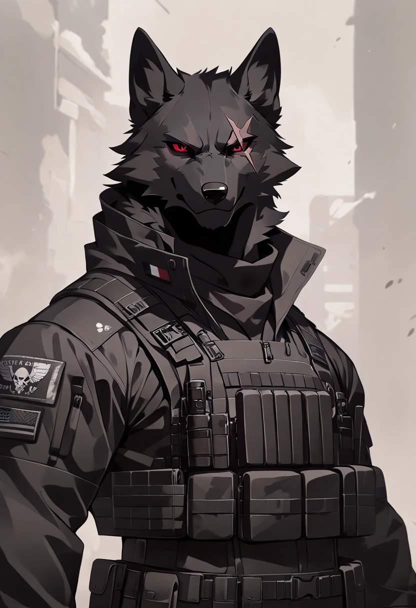  anthropomorphic black wolf wearing full black modern military tactical gear, detailed black fur, scar on eye, red eye color, villain, sexy, masculine, cold smile expression, light novel art, wearing a black military trench coat, handsome black wolf, furry art, furry wolf, anime style, anime artwork, badass, attractive furry wolf, attractive male wolf, arrogant, confident, professional, military gear, death squad vibes, tactical, terrorist, evil, neo nazi, all black clothing, villain