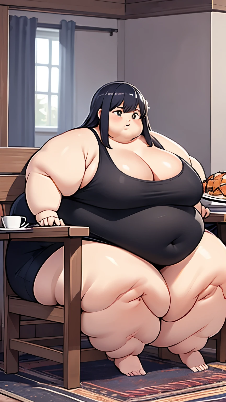 Hyper detailed, Extremely obese young woman, immobilized by her weight, short blue Layers with Curtain Bangs, a big belly, saggy belly, gluttony, hanging belly, sitting on a folding chair , wearing a black tank top, saggy breasts, big breasts, in a house, thick thighs, thick arms, very fat face