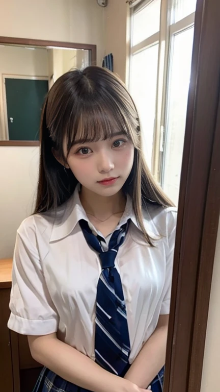 1 girl、White shirt、Mature Woman、Blunt bangs、bow、picture、Lifelike、highest quality、adopt、Detailed face、office、Building seen from the window、Detailed Background、Diffused sunlight、Depth of written boundary、Bokeh