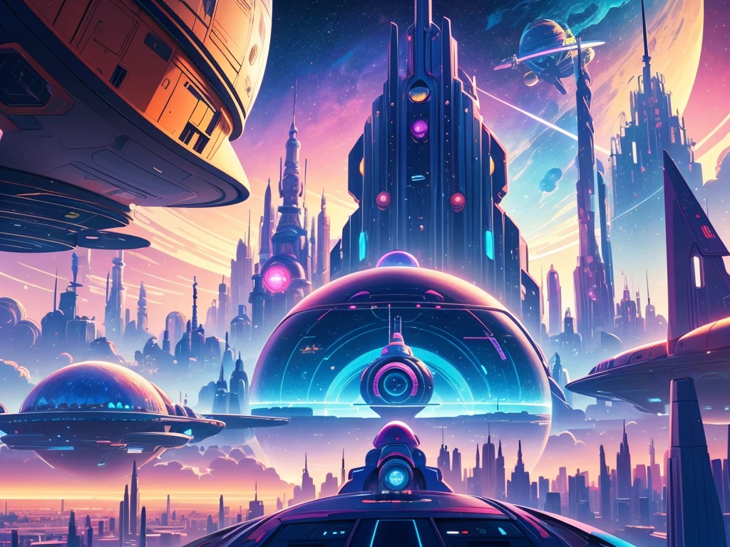 cartoon illustration of a city with a satellite and a satellite, background artwork, colorful concept art, background art, jen bartel, russian orbit city cityscape, metaverse concept art, retrofuturistic digital painting, space port city, a digital dreamscape, sky town, stylized digital illustration, in style of beeple, colorful city, stylized concept art