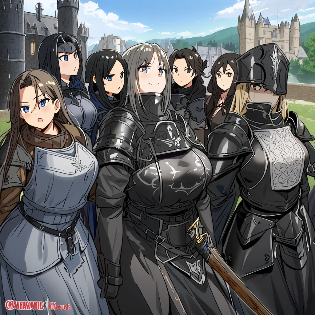 Anime, black paladins, girls paladins, Paladin's black armor (((medieval))), cape, multiple girls, girls surrounding, curvy body, sword