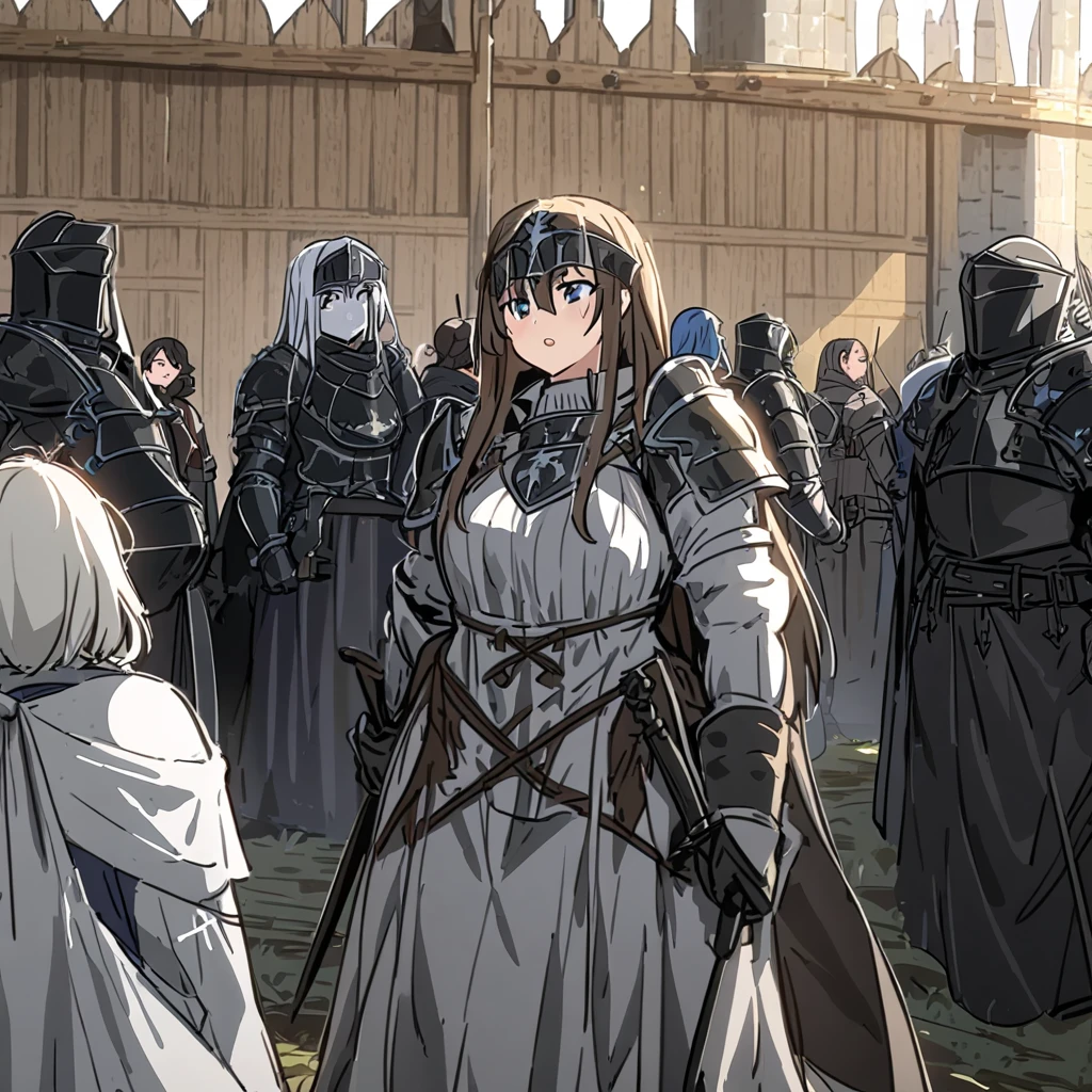 Anime, black paladins, girls paladins, Paladin's black armor (((medieval))), cape, multiple girls, girls surrounding, curvy body, sword