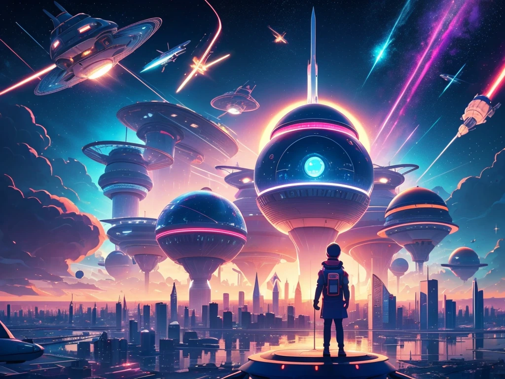 cartoon illustration of a city with a satellite and a satellite, background artwork, colorful concept art, background art, jen bartel, russian orbit city cityscape, metaverse concept art, retrofuturistic digital painting, space port city, a digital dreamscape, sky town, stylized digital illustration, in style of beeple, colorful city, stylized concept art, pastel tone, lightening, cute mood