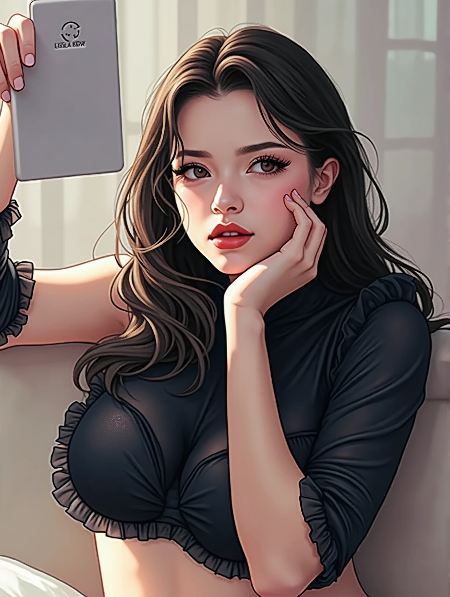 Girl long black hair,big breasts, lying down