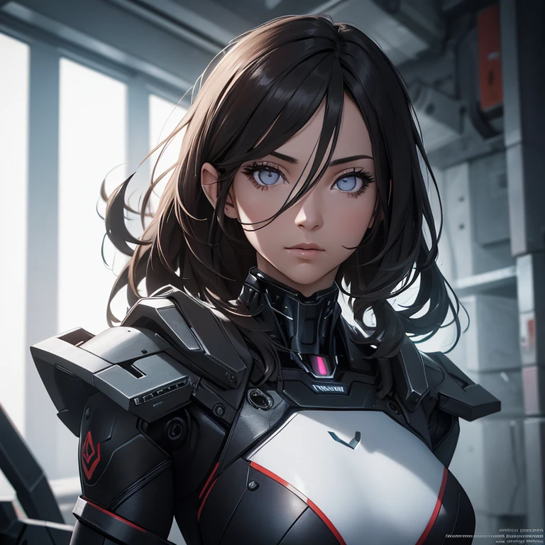 masterpiece, best quality, ultra realistic, hyper-detailed, 8k resolution, RAW photo, sharp focus, (1girl), solo, gorgeous face, perfect body, mature female, 25yo,  portrait, mecha, nanosuit, sexy, messy hair, cinematic, cinematic light, dark theme