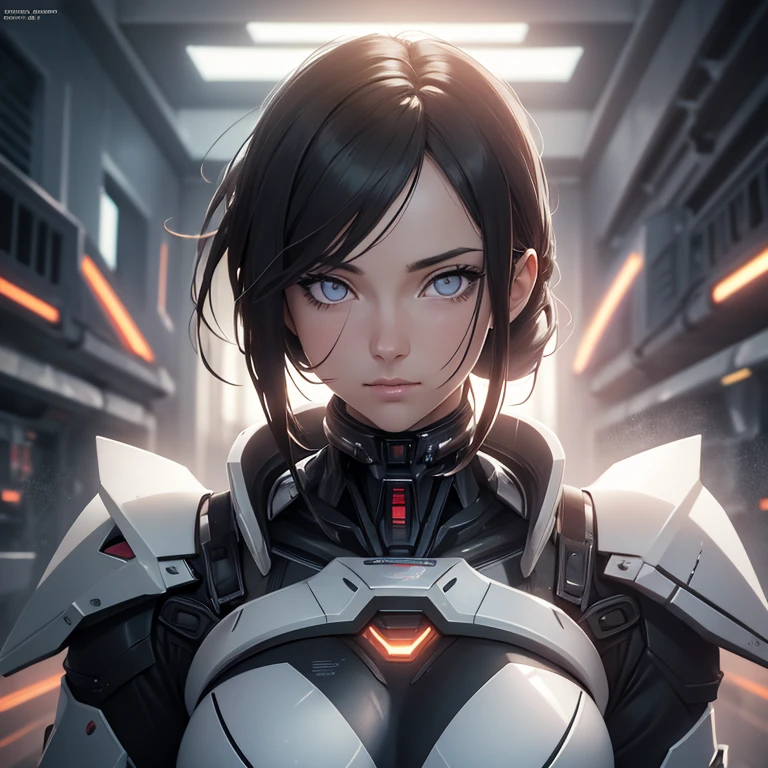 masterpiece, best quality, ultra realistic, hyper-detailed, 8k resolution, RAW photo, sharp focus, (1girl), solo, gorgeous face, perfect body, mature female, 25yo,  portrait, mecha, nanosuit, sexy, messy hair, cinematic, cinematic light, dark theme