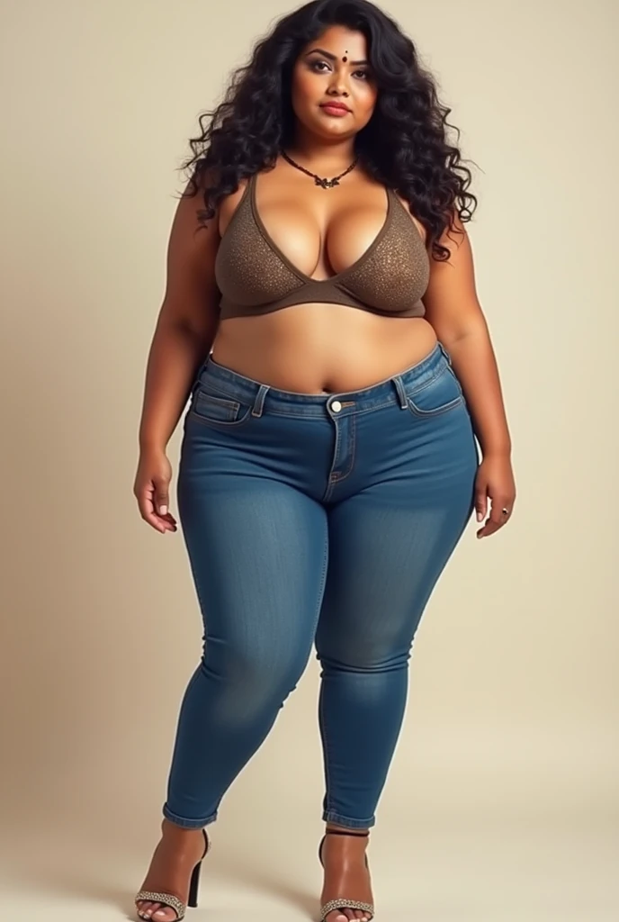 Artwork, Maximum quality, ultra-high resolution, 8k, black girl, extremely pretty, all-body, standing alone, fine tune, extreme detailed face, detailedeyes, mischievous grin, glad, photo realist, totally realistic, human skin, studio lighting, perfect, Broad Hips, thick-thighs, , fat ass, big-ass, wearing micro denim shorts and micro blouse, without accessories, curly hair, very tiny breasts, flat chest, micro breasts