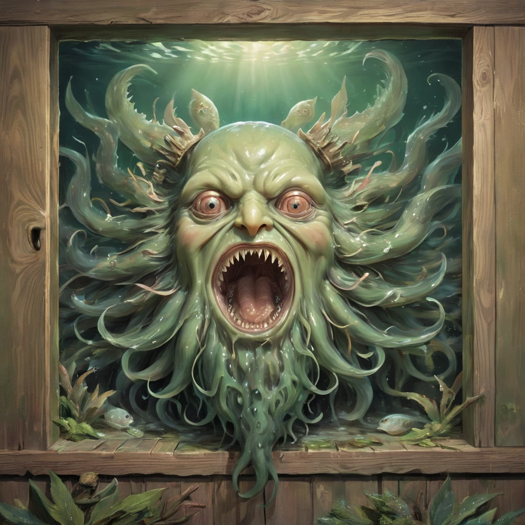 1male\(mad, fuming, weeping, drooling, looking hollow with empty eyes, mysterious words "Ia! Ia! Cthulhu fhtagn" from his mouth, laughing\) is inside the wooden house, outside the window you can see many mermans\(deep ones,greyish-green, white bellies,mostly shiny and slippery,scaly back,vaguely anthropoid, heads of fish, prodigious bulging eyes, palpitating gills at sides of necks,webbed long paws\),(vntg artstyle:1.2),(spirit of the wind:1.2)