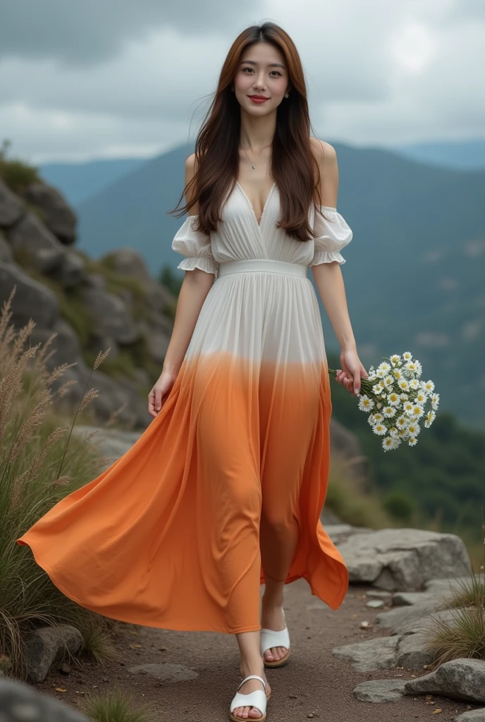 ((masterpiece)), (Photography), (realistic), ultra detailed, 8K, L1, A woman stunningly beautiful,high quality, a woman with brown hair,wear a white orange dress, white sandals carrying daisy flowers, look at the camera, smile, walking on rocky hills,dark cloudy sky