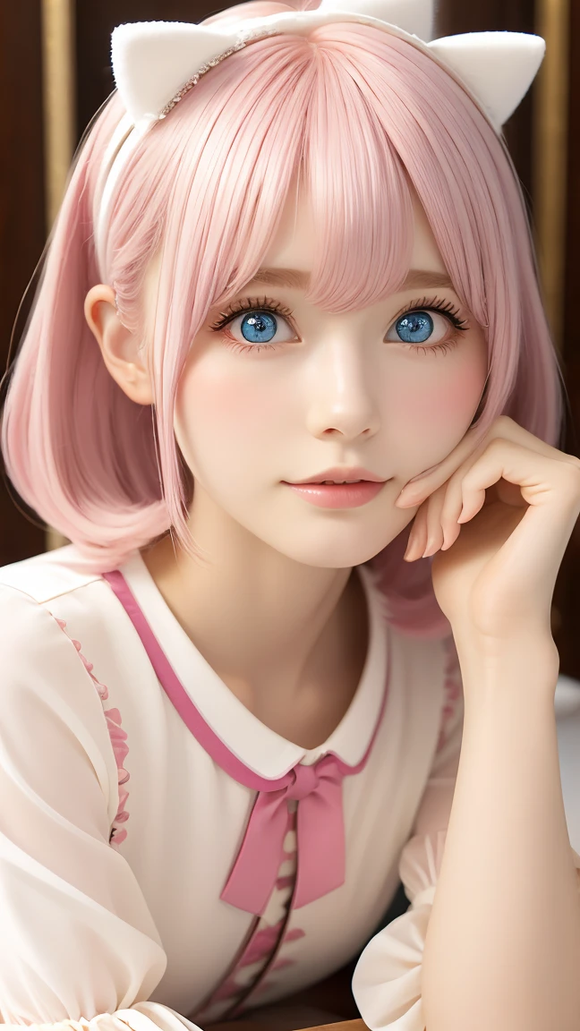 (8k, RAW photo, highest quality, masterpiece), (realistic, photo-realistic:1.2), super detailed, girl1, cute, alone, beautiful, nose becomes red, soft mouth, beautiful detailed Blue eyes, blue eyes, average body, floating pink hair, pink hair, 2 loaves of bread, girl,feminine, super fine details, complex scenes, environmental lighting, Soft shine, Elegant, symmetrical facial features, accurate anatomy, Anatomically correct Girl, scenic, Meadowsweet, ethereal, kind, mild, wise, shy, pink hair, blue eyes, Wearing a cheerleading uniform