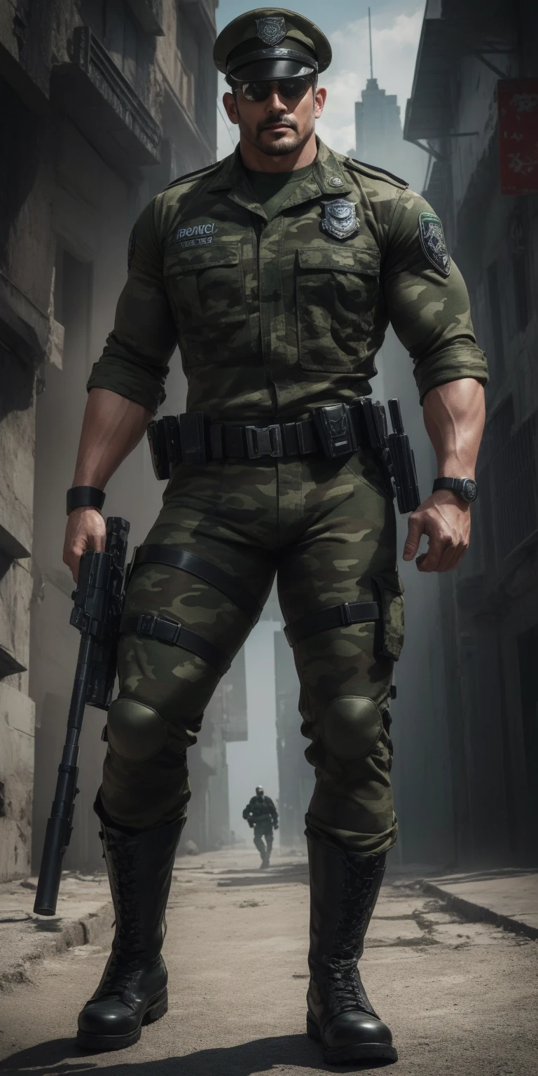 2 meters high,  is muscular police officer with his mouth open and screaming..，Police hat，sunglasses，Khaki camouflage uniform，character ideas（Resident Evil - Chris Redfield，Chris Redfield）Senior Police Officer，Wearing a khaki camouflage diving suit，Matte texture，Regular symmetrical texture pattern，Stand on the ruins of the city and walk forward,  sad expression ，Deep and enchanting eyes ，The hero with emerald pupils，Heroic male pose，高大Burly， is muscular！  Attractive leg muscles  ，High Aims, Burly, Heqiang， Wearing a khaki camouflage diving suit， 超级魅力和酷炫，  high resolution commission ， Big feet in black boots，Charming strongman，明亮的阳光照耀在你身上，Matte particles， shiny texture 