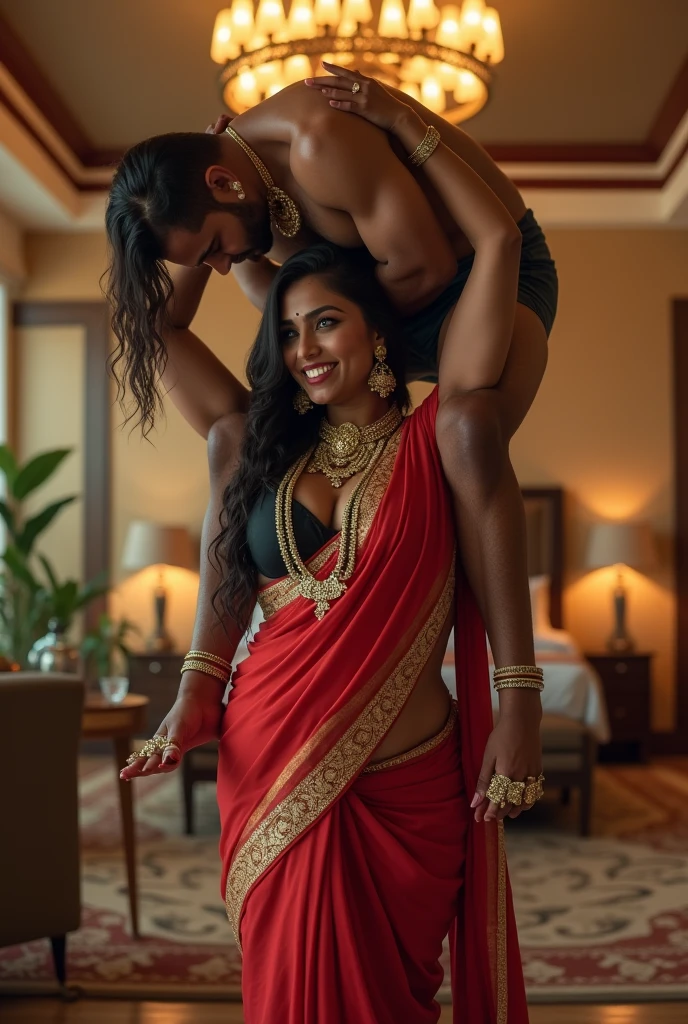 Smiling, Beautiful and Slim, Sexy Indian woman in black blouse red saree , lifting a large chubby man above her shoulders, man is sitting on woman's shoulders, in a bedroom with high ceiling at night