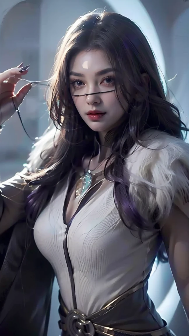 1girl,medium breasts,1girl,solo,realistic,8k,highres,(perfect face),perfect eyes,perfect body,ultra detailed face,looking at viewer,large breasts, massive cleavage,(intricate details), unity 8k wallpaper,ultra detailed,beautiful and aesthetic,detailed,solo, purple hair, luo_yi_ml, mouth veil,white and purple dress,feather
