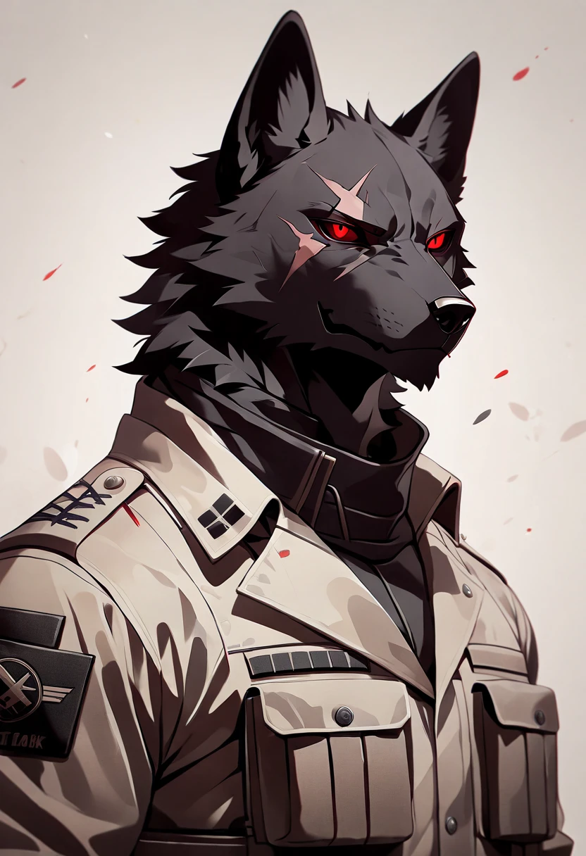  anthropomorphic black wolf wearing full black modern military tactical gear, detailed black fur, scar on eye, red eye color, villain, sexy, masculine, cold smile expression, light novel art, wearing a black military trench coat, handsome black wolf, furry art, furry wolf, anime style, anime artwork, badass, attractive furry wolf, attractive male wolf, arrogant, confident, professional, military gear, death squad vibes, tactical, terrorist, evil, neo nazi, all black clothing, villain, scary, portrait view 