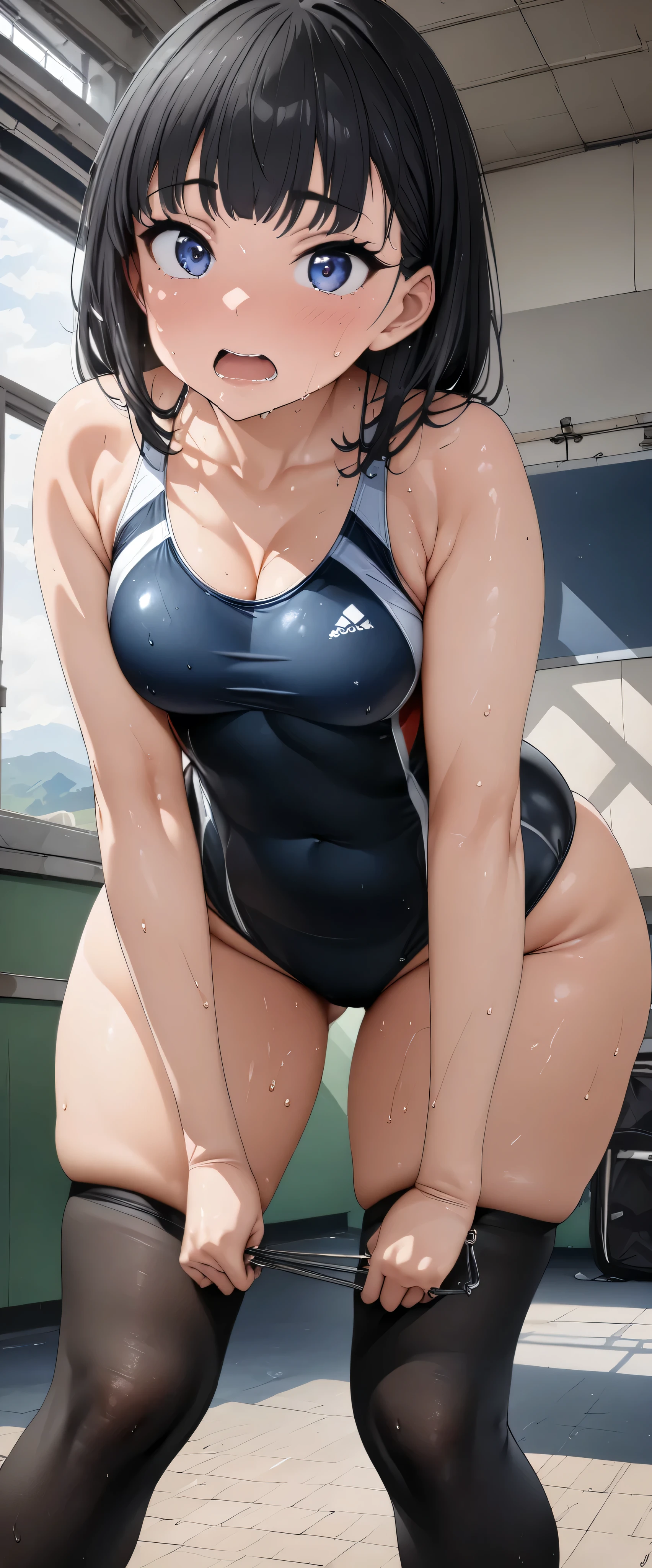 ( cute eyes from the right), (8k、 Max image 、 for a woman with bristles、masterpiece)、 detailed face 、Improve、( open her mouth ), ( slender body),( medium chest ), ( competitive swimsuit), ( Clevis), ( slouching forward), Classroom Background , ( Black Stockings ), (Thighs:1.1), ( Waistline:1.1),sweat