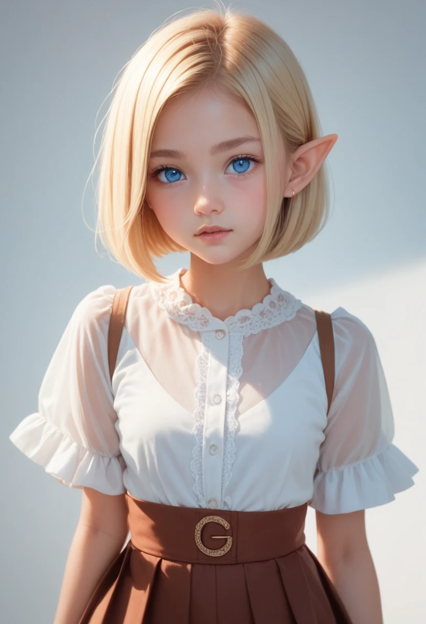 masterpiece, high definition , top quality,8k
(Young,cute ELF,small)
(Blonde,bob cut,parted bang,blue eyes)
( white blouse, brown gored skirt)