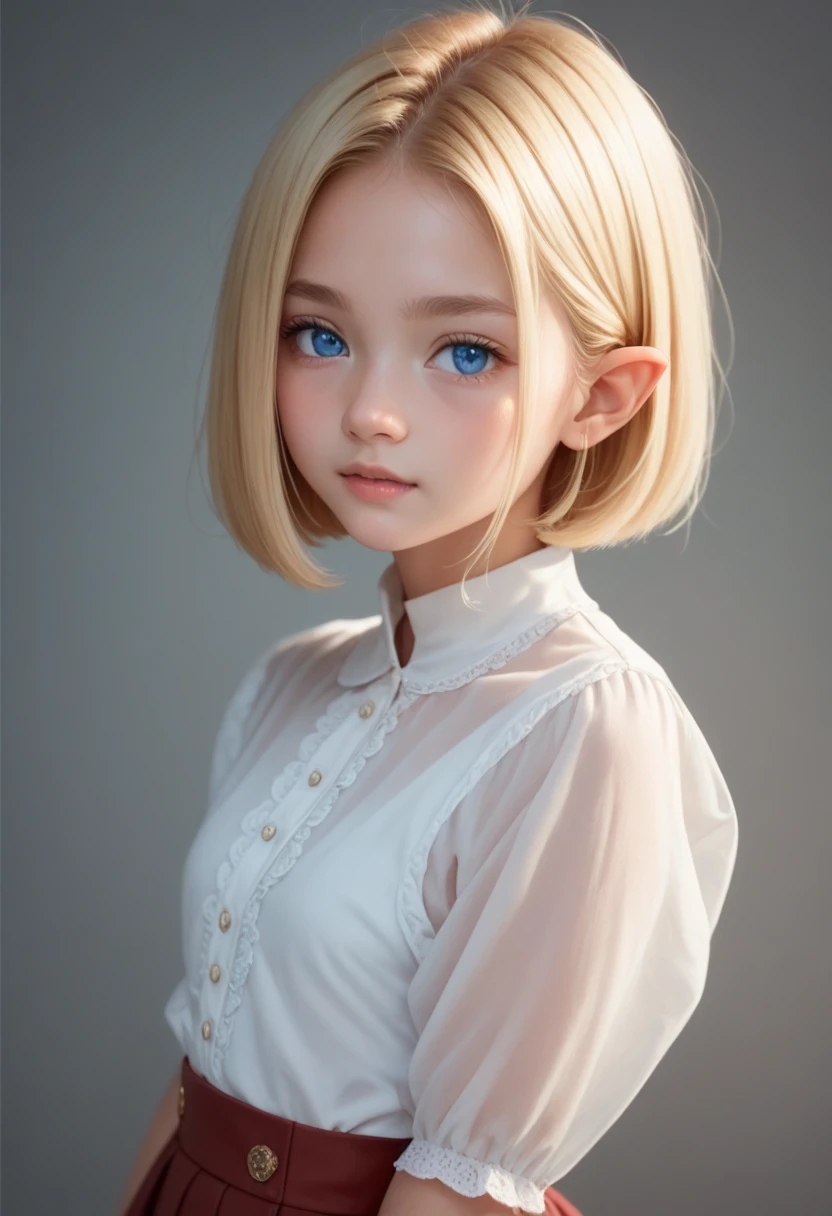 masterpiece, high definition , top quality,8k
(Young,cute ELF,small)
(Blonde,bob cut,parted bang,blue eyes)
( white blouse, brown gored skirt)