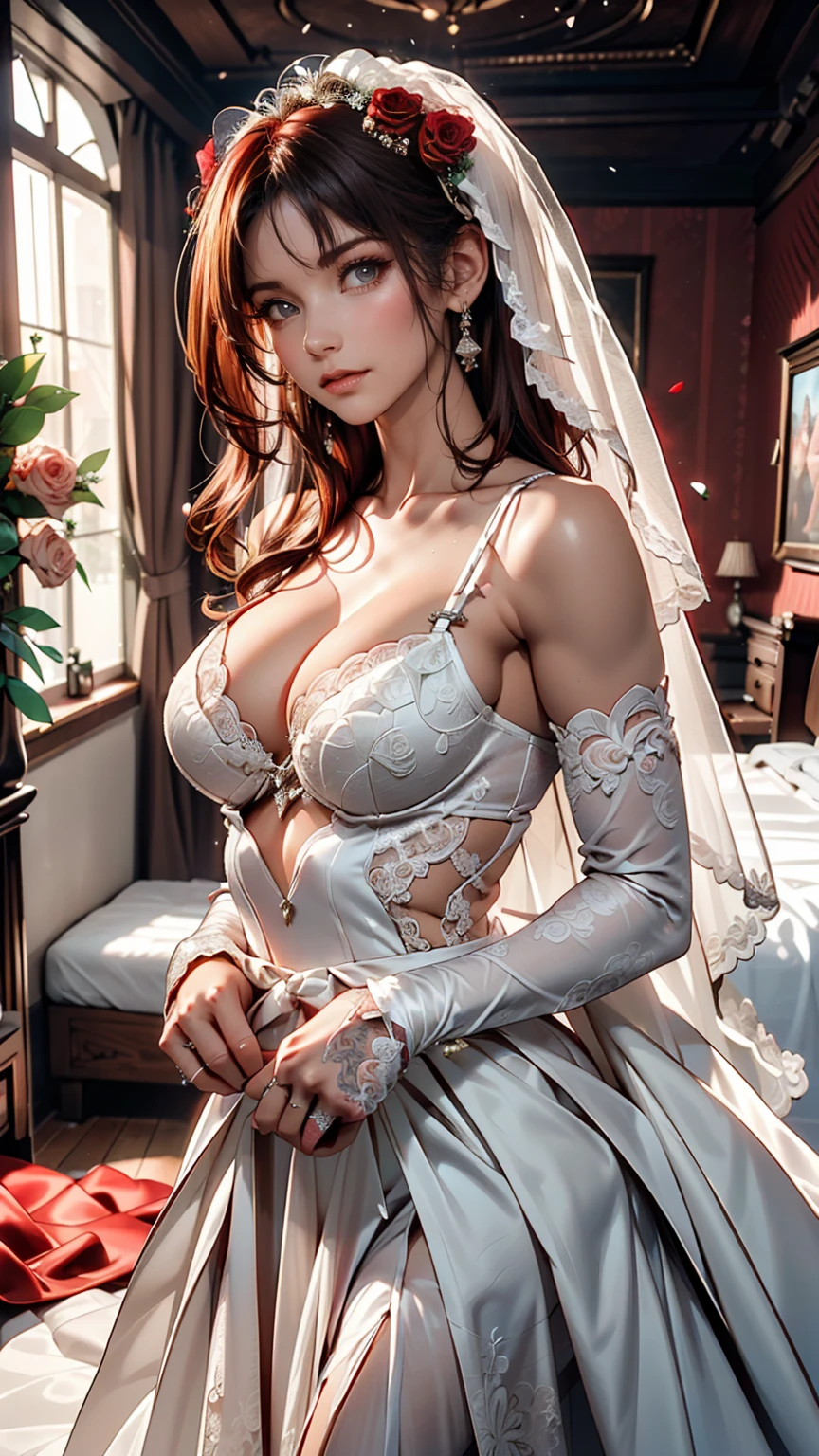 (masterpiece), 1girl, perfect details, expressive eyes, high quality, ((Semi-Realism)), anime studio style, Aisha/Layla, brown skin, dark-skinned female, curly hair, long hair, brown hair, red strips in hair, blue-green eyes ruanyi0263, bridal veil, see-through wedding dress, veil, ((bridal lingerie)), sitting sultry, on a bed, wedding night, romantic scene, ((romance)), flower petals, windows open, ((night-time)), romance, ((sweating profusely)),