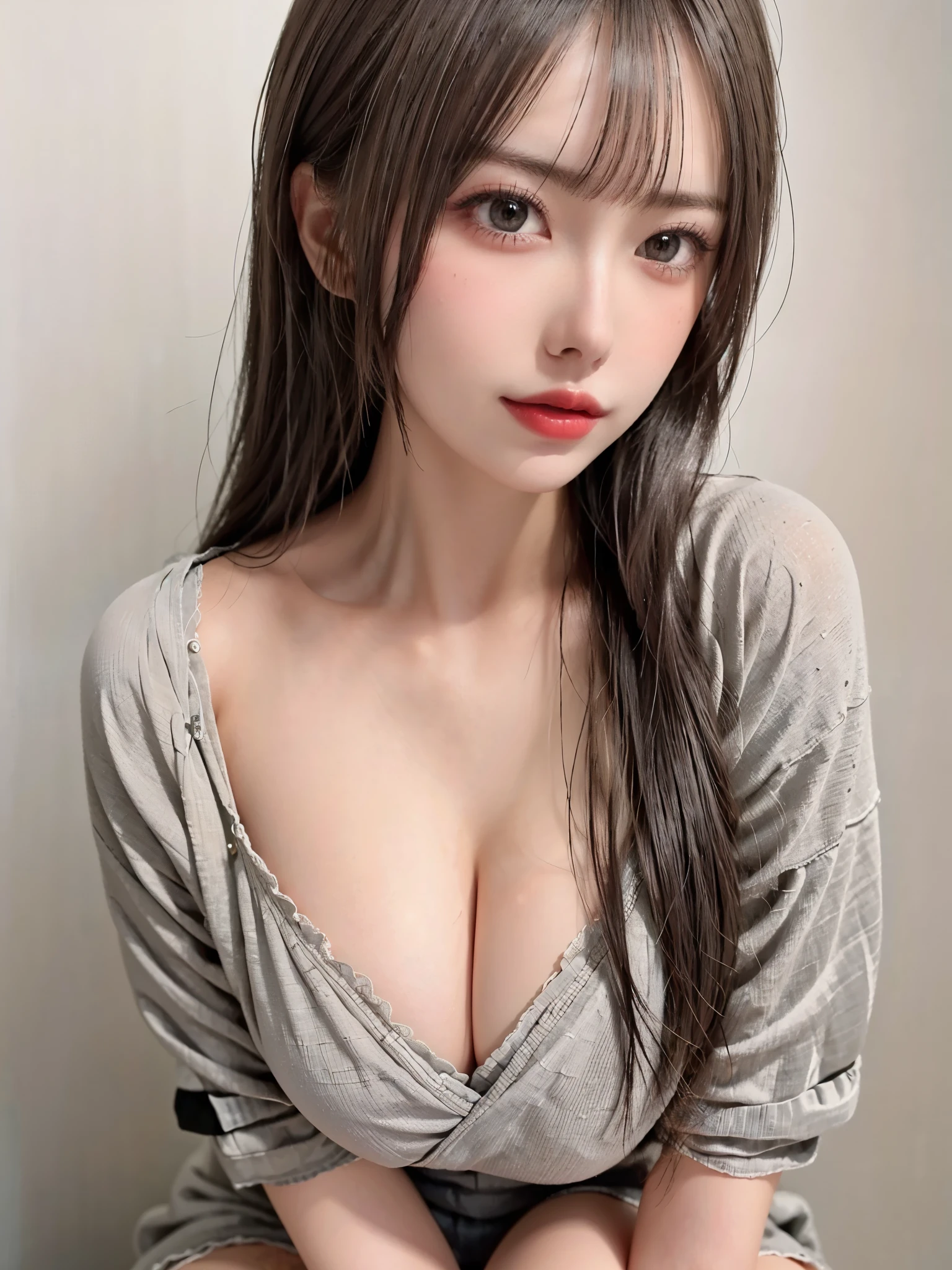   girl, Big Breasts,Wide cleavage breasts,large breasts, open my lips,((( gray background))), Alone,(masterpiece:1.4),( top quality:1.4),((( detailed face , fair skin, casual wear))), (Shiny hair:1.2),  ( realistic , Realistic: 1.37), (masterpiece,  top quality: 1.2), ( super high resolution: 1.2), ( RAW photos : 1.2), ( beautiful skin : 1.2), ( pale skin: 1.3), ( beautiful face: 1.3), (  detailed background: 1.3),Model, glossy skin,whole body,glossy legs 