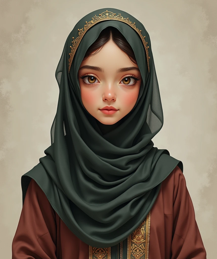 I need pfp aesthetic a girl sitting on a chair with sharp jawline and wearing hijab n abaya with beautiful face features and eyes color green with aesthetic background  cartoonic characters with  circle PFP (more like this)
