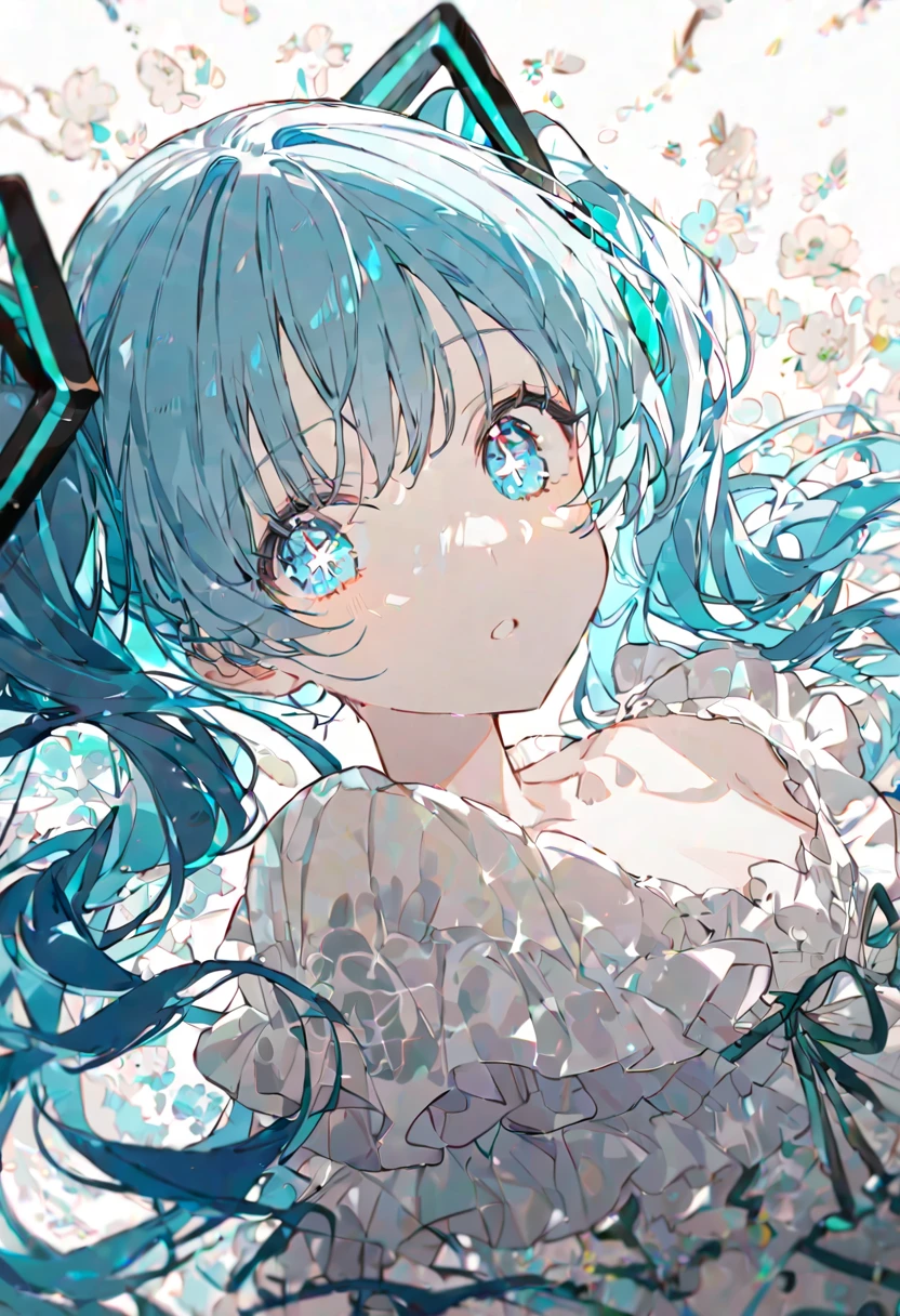 best quality, beautiful, absurdres, woman, HatsuneMiku-Vocaloid, neutral, sitting on the floor, looking at viewer, long twin tail hair, white sky blue hair, with sparkling eyes, white eyes, eyes open, pale skin, tall, dress, teenager, white background, beautiful, soft lines, upper body, from side, overhead shot, with angel wings on back,Close,transparency illustration, Calm colors