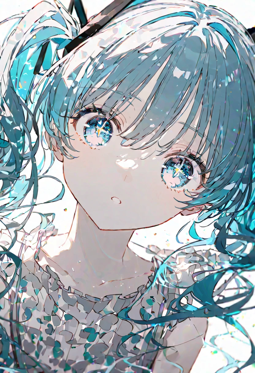 best quality, beautiful, absurdres, woman, HatsuneMiku-Vocaloid, neutral, sitting on the floor, looking at viewer, long twin tail hair, white sky blue hair, with sparkling eyes, white eyes, eyes open, pale skin, tall, dress, teenager, white background, beautiful, soft lines, upper body, from side, overhead shot, with angel wings on back,Close,transparency illustration, Calm colors