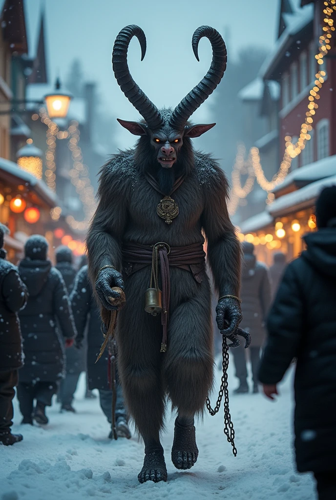 Create a dark and mysterious parade scene featuring Krampus and his companions in a sinister yet captivating display. Art Styles: Dark Fantasy, Parade Art, Gothic Illustration