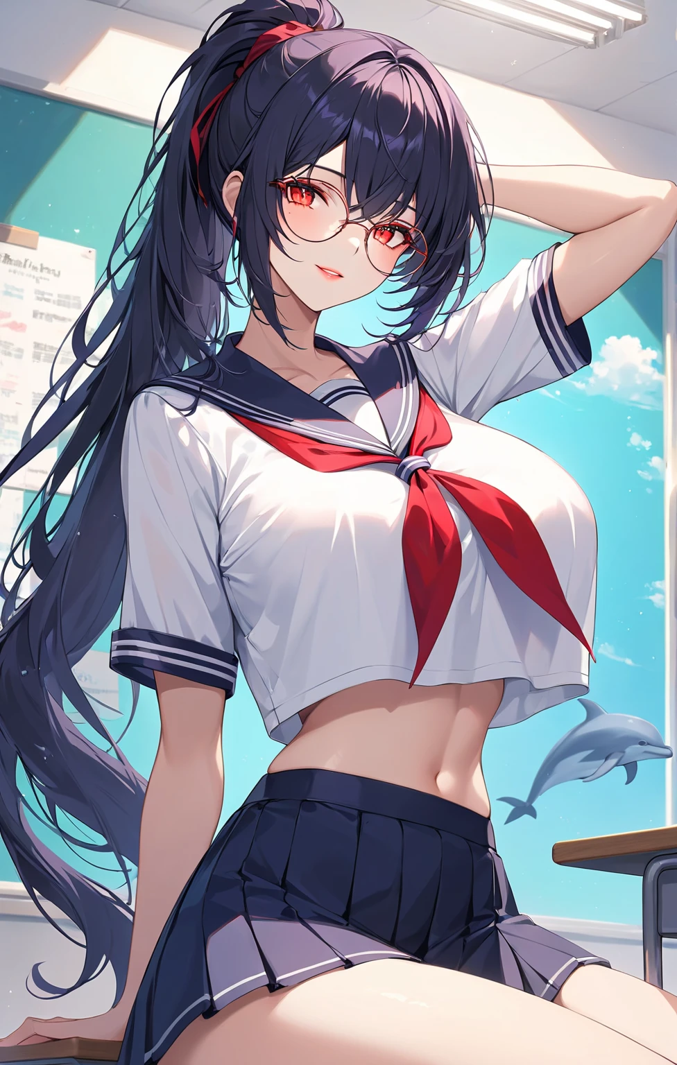 highest quality,wonderful,finely,extremely detailed CG Unity 8K wallpaper,1 girl,(huge breasts)(sailor swimsuit:1.4),open your mouth, black hair, glasses, blue eyes,twin tails, constriction,thighs, (torn shirt, underboob:1.5),(Light blue striped panties),Panty shot
