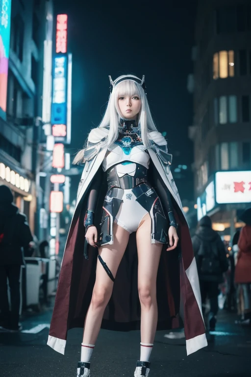 masterpiece, best quality, 4k, mecha, starry,sky, star \(sky\), cape, hair ribbon, slim legs, hood, long hair, white hair, cyberpunk, depth of field, rain, wet, --auto --s2
