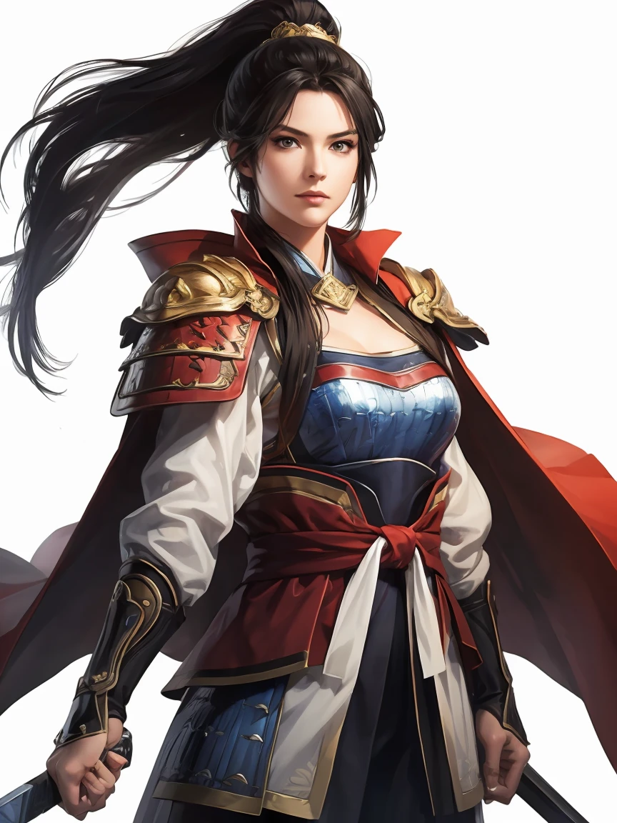   Beautiful black-haired woman ：1.3,  Amazing Character Art, Hanfu,((  pure white background)), ( top quality),  handsome，Beautiful female knight, 2. 5D CGI fantasy artwork,  detailed digital art , Very nice work of art,  fan art best art station, (white velvet long cape ),(warrior:1.2)( No Emotion)1.2,Japan、Exquisitely drawn hands 、 I'm putting my hands on my lower back,He has a sword on his waist、 facing the front 、From the waist up,