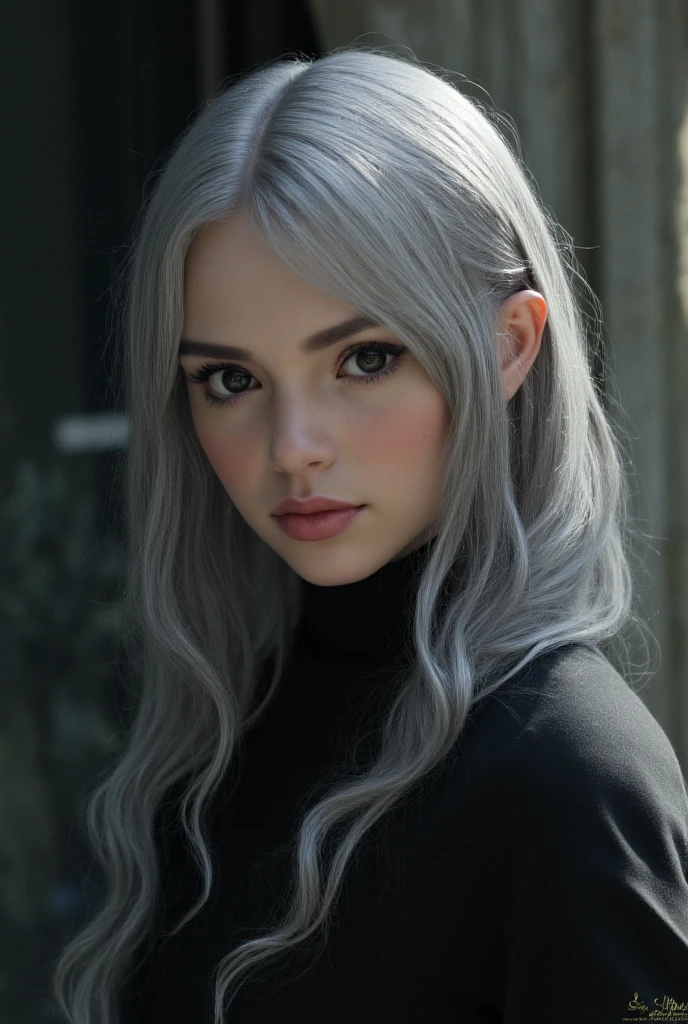 girl, Alone, Long gray hair, , view the viewer, Blonde hair, shoulder, Brown eyes, jewely, Full body lesbian, choker necklace, cropped shoulders, Sweaters, Open lips, actual, nase, flirting with the camera