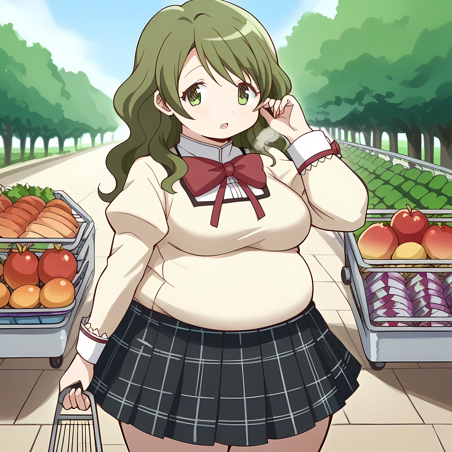 score_9, score_8_up, score_7_up, source_anime, hitomi shizuki, long hair, green eyes, green hair, wavy hair, medium breasts,, skirt, school uniform, mitakihara school uniform, puffy sleeves, plaid skirt, pleated skirt, bowtie, red bowtie, grocery store, shopping cart, picking fruits, everyday life, , tucking hair, adjusting hair, hand on own hair, hair behind ear,, looking at viewer, solo,, dutch angle, cowboy shot fat, chubby, obese, gigantic arms and legs, large breasts open mouth, out of breath