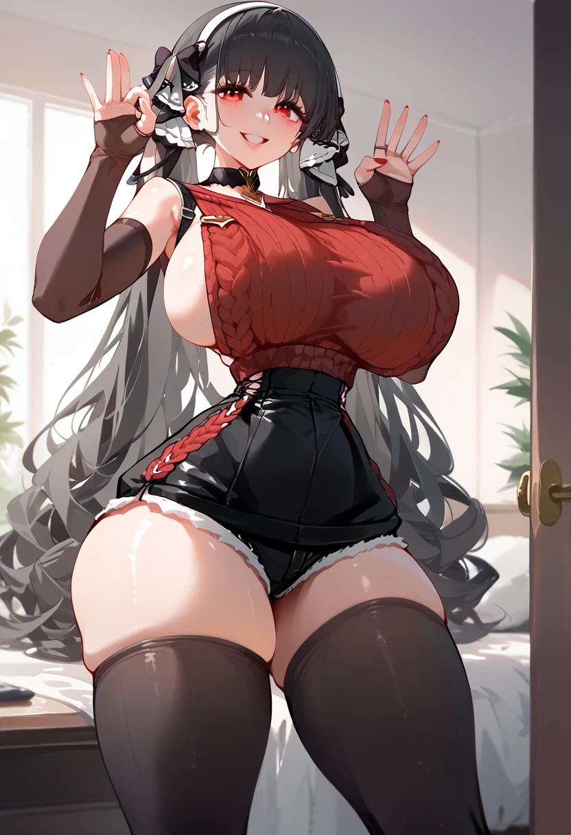 (Girl), (20 years old), (ash black hair), (almond red eyes), (light skin), (flirtatious look), (flirtatious face), (perfect nose). (long hair tied to the end), (curly hair) (long eyelashes) (lustful girl), (milf) 

Clothes: (black choker), (red virgin killer sweater), (black tights stupidly tight to the rear), (very tight brown mini-shorts), (black shoes), (white headband) 

Body: (1.85 height), (formidable girl), (narrow waist), (thin waist), (thick thighs), (stupidly wide hips), (big rear), (150 cm hips), (90 cm big breasts). 

Introductions: The girl is alone, she is standing, smiling at you with joy and love, she tries to make a funny pose as a greeting and she is excited to see you there. 