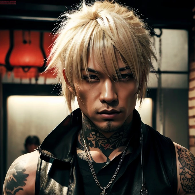 1 man, Japanese man, male, Asian eyes, muscular, broad shoulders, yakuza tattoos, hairstyle Visual Kei style, hair Visual Kei, black men's shirt and black pants, ultra detailed face, hyperrealistic, realistic representation, long hair, long hair, 30 years old, age 30 years, blonde hair