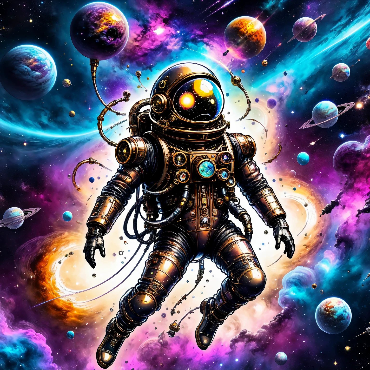 a man in a steampunk tight spacesuit flies through the galaxy alone with a jetpack, neon planets and nebulae, mysterious atmosphere, ink art, ((ultra quality)), anime enhancement, ((8k resolution, masterpiece, best quality)), ultra detailed, ultra sharp, perfect colors, perfectly shaded, perfect lighting, very detailed face, perfect anatomy,