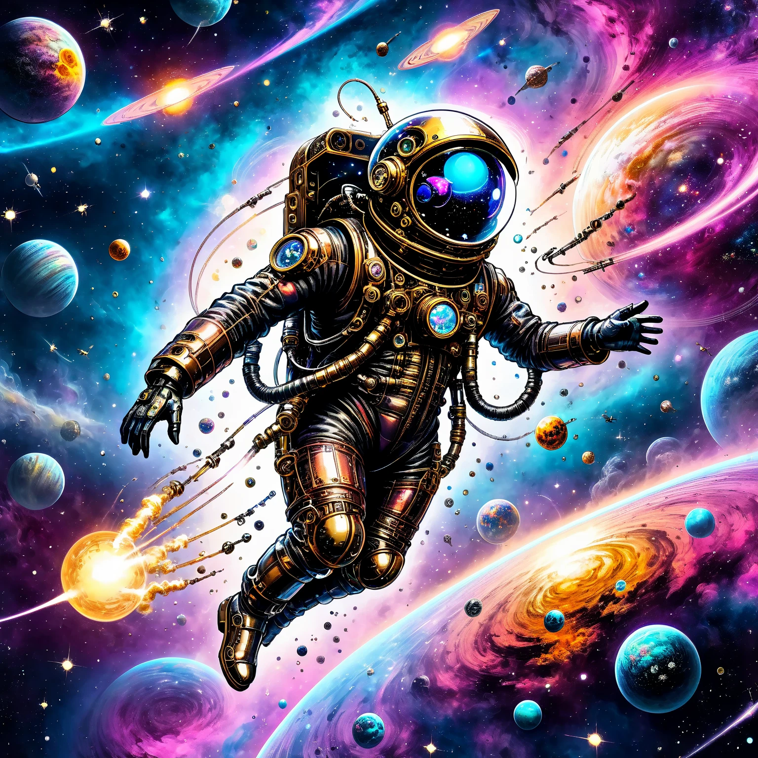 a man in a steampunk tight spacesuit flies through the galaxy alone with a jetpack, neon planets and nebulae, mysterious atmosphere, ink art, ((ultra quality)), anime enhancement, ((8k resolution, masterpiece, best quality)), ultra detailed, ultra sharp, perfect colors, perfectly shaded, perfect lighting, very detailed face, perfect anatomy,