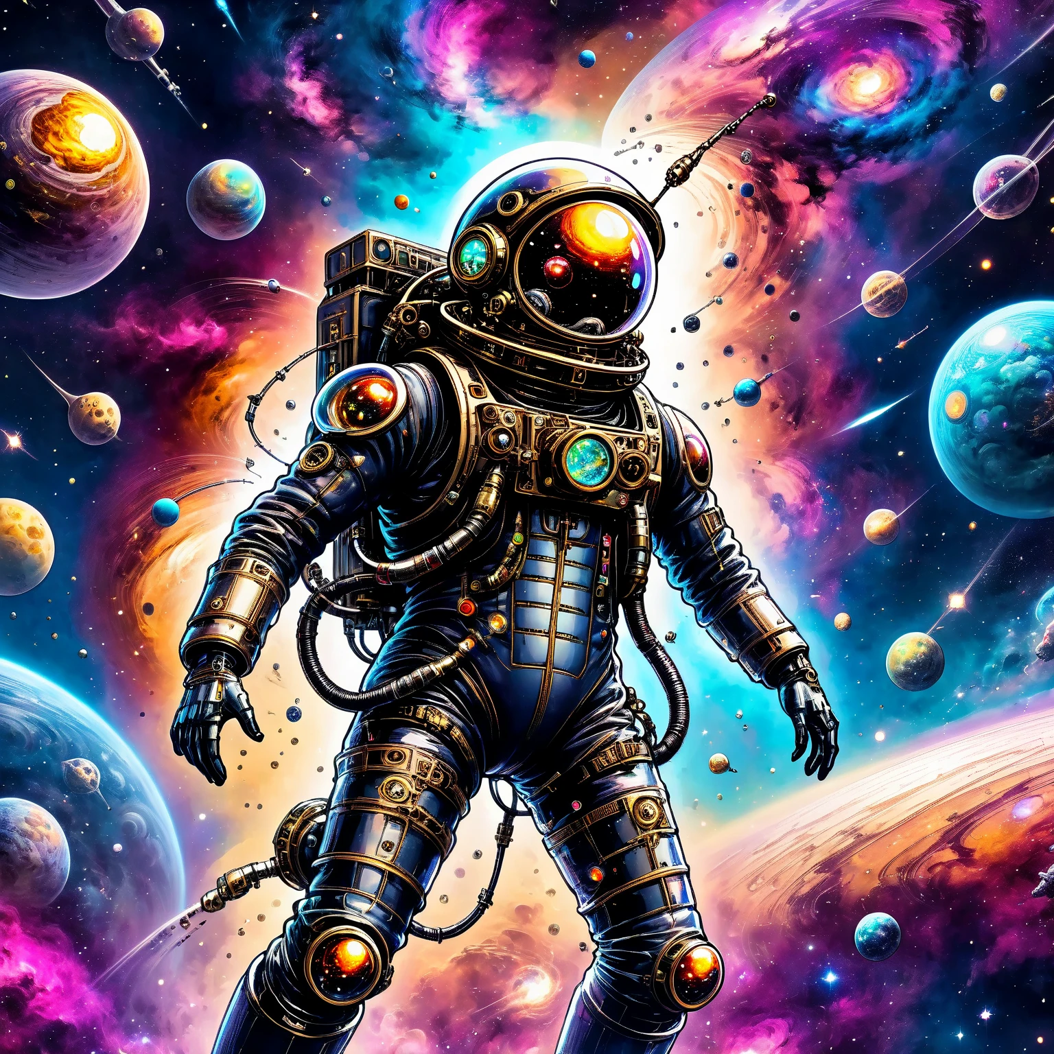 a man in a steampunk tight spacesuit flies through the galaxy alone with a jetpack, neon planets and nebulae, mysterious atmosphere, ink art, ((ultra quality)), anime enhancement, ((8k resolution, masterpiece, best quality)), ultra detailed, ultra sharp, perfect colors, perfectly shaded, perfect lighting, very detailed face, perfect anatomy,