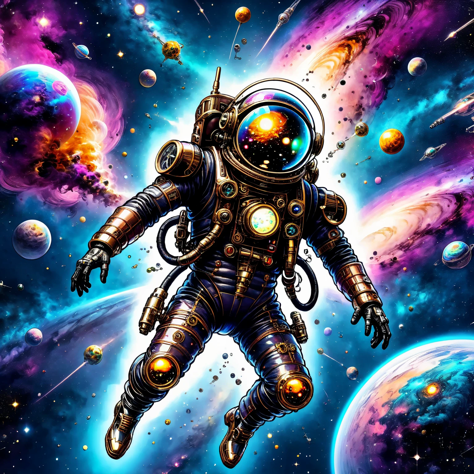 a man in a steampunk tight spacesuit flies through the galaxy alone with a jetpack, neon planets and nebulae, mysterious atmosphere, ink art, ((ultra quality)), anime enhancement, ((8k resolution, masterpiece, best quality)), ultra detailed, ultra sharp, perfect colors, perfectly shaded, perfect lighting, very detailed face, perfect anatomy,