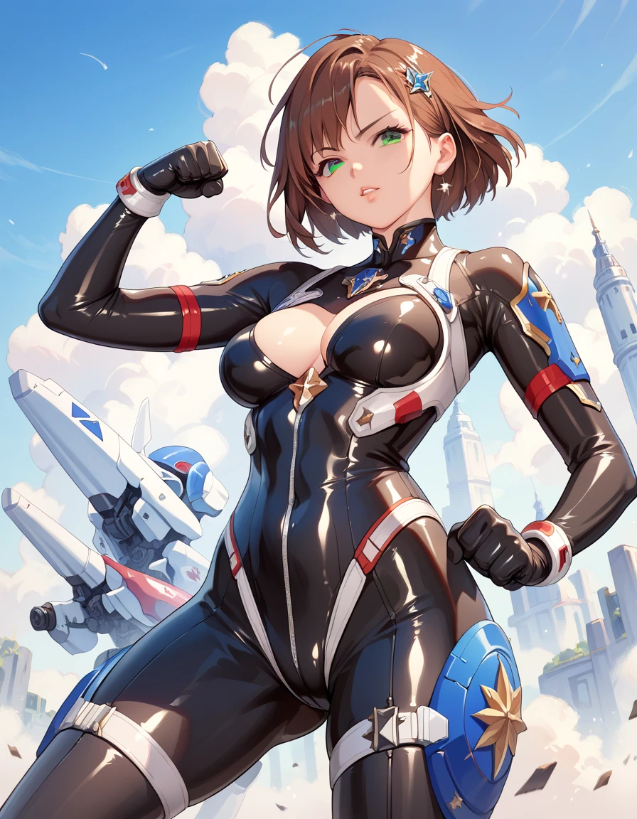 (( top quality)), ((masterpiece)), ( Details),anime, girl, sexy, Erotic ,Straight face, Shiny Latex Suit,Futuristic Suit,Armor,All-black costume, fist pose ,Brown Hair, short hair,Clothing,