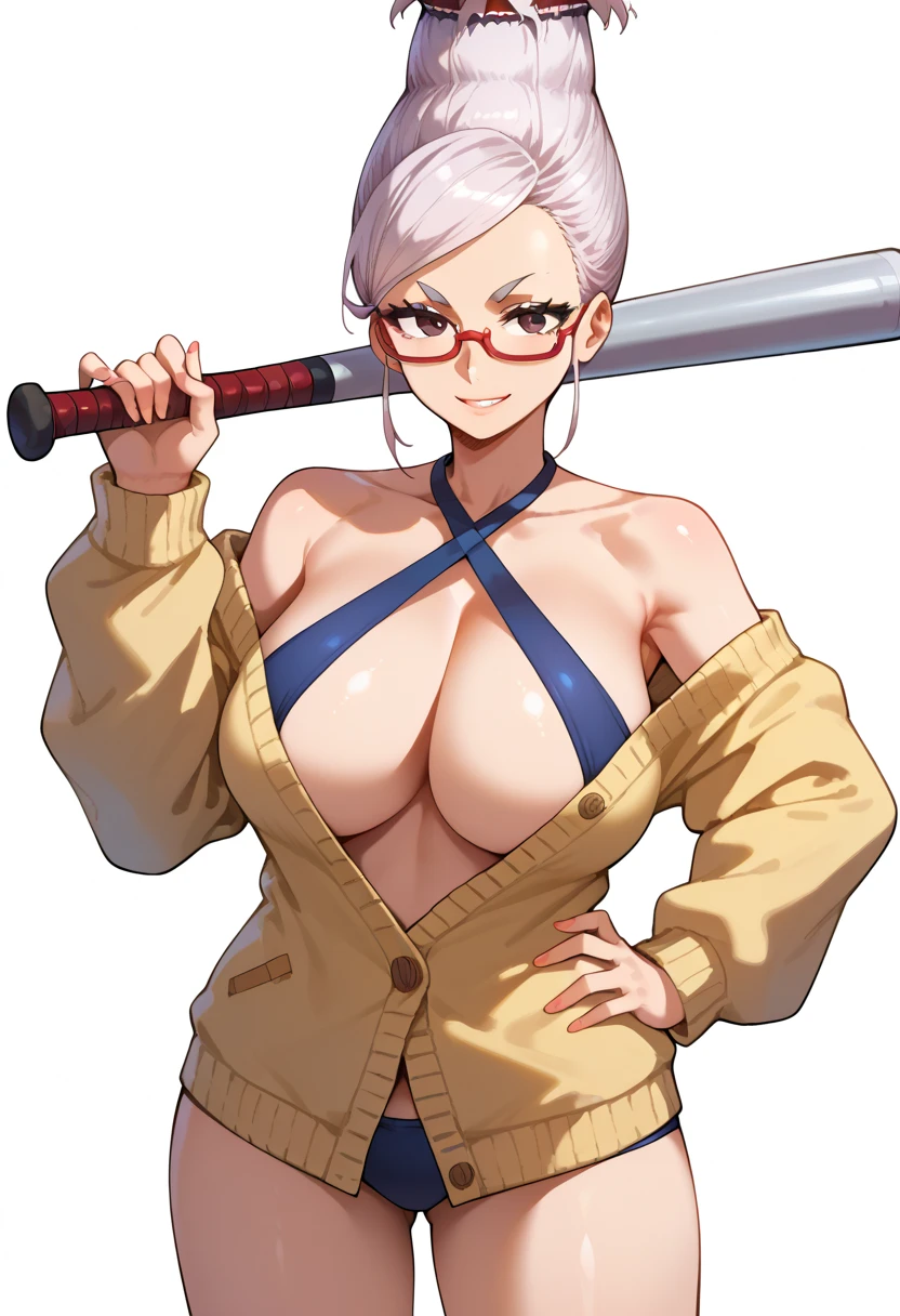 score_9,score_8_up,score_7_up, seiko ayase,1girl, armpit crease,criss-cross halter, bare shoulders, baseball bat, beehive hairdo, breasts, brown eyes, cardigan, cleavage, collarbone, glasses, hand on own hip, holding, holding baseball bat, large breasts, long hair, looking at viewer, mature female, metal baseball bat, navel, off shoulder,, red-framed eyewear, semi-rimless eyewear, simple background, smile, solo, swimsuit, tall hair, thighs, white hair, yellow cardigan, full body 