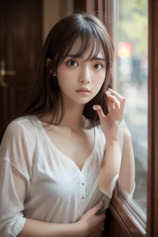 masterpiece, highest quality, 8k, 20th Generation, Big Breasts, cute, alone, sad, cute, Girlish, cute、Delicate girl, Pure beauty,  RAW Photos, Professional photography, Portraiture, Soft Light, Professional Lighting, Backlight, Upper Body, avert your eyes, Sophisticated, Film Grain, (Round face、Young Face、Thin eyebrows、Thin lips:1.0), Floating Hair, beautiful, Flowing hair, bangs, White blouse、pastel cardigan、(Big Breasts:1.2)、You can see the chest a little、Micro Mini Skirt、Voluptuous thighs、dolly make、Heterochromia iridis、Left and right eyes are different colors、Midsummer sky、Cumulonimbuidsummer Beach