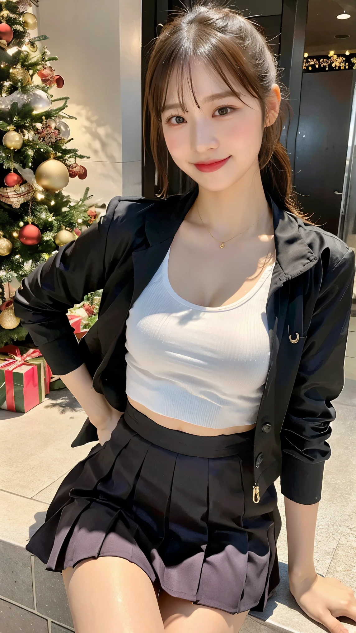 (8k), (highest quality: 1.2), (Realistic), (Realistic: 1.37), Ultra-high resolution, 1 girl, cute, Shiny skin,Blushing,smile, Mouth closed, Beautiful details, Beautiful Nose, whole body, Wet Hair, ponytail hair,Giant Dulcefo, pork,Navel exposed,University Student Uniform, layered Nylon tank top inner ,A simple blazer, check Pleated skirt, shiny thighs, Christmas atmosphere, Christmas